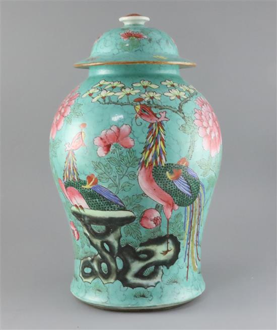 A large Chinese turquoise ground phoenix vase and cover, 18th/19th century, H. 44.5cm, base restored